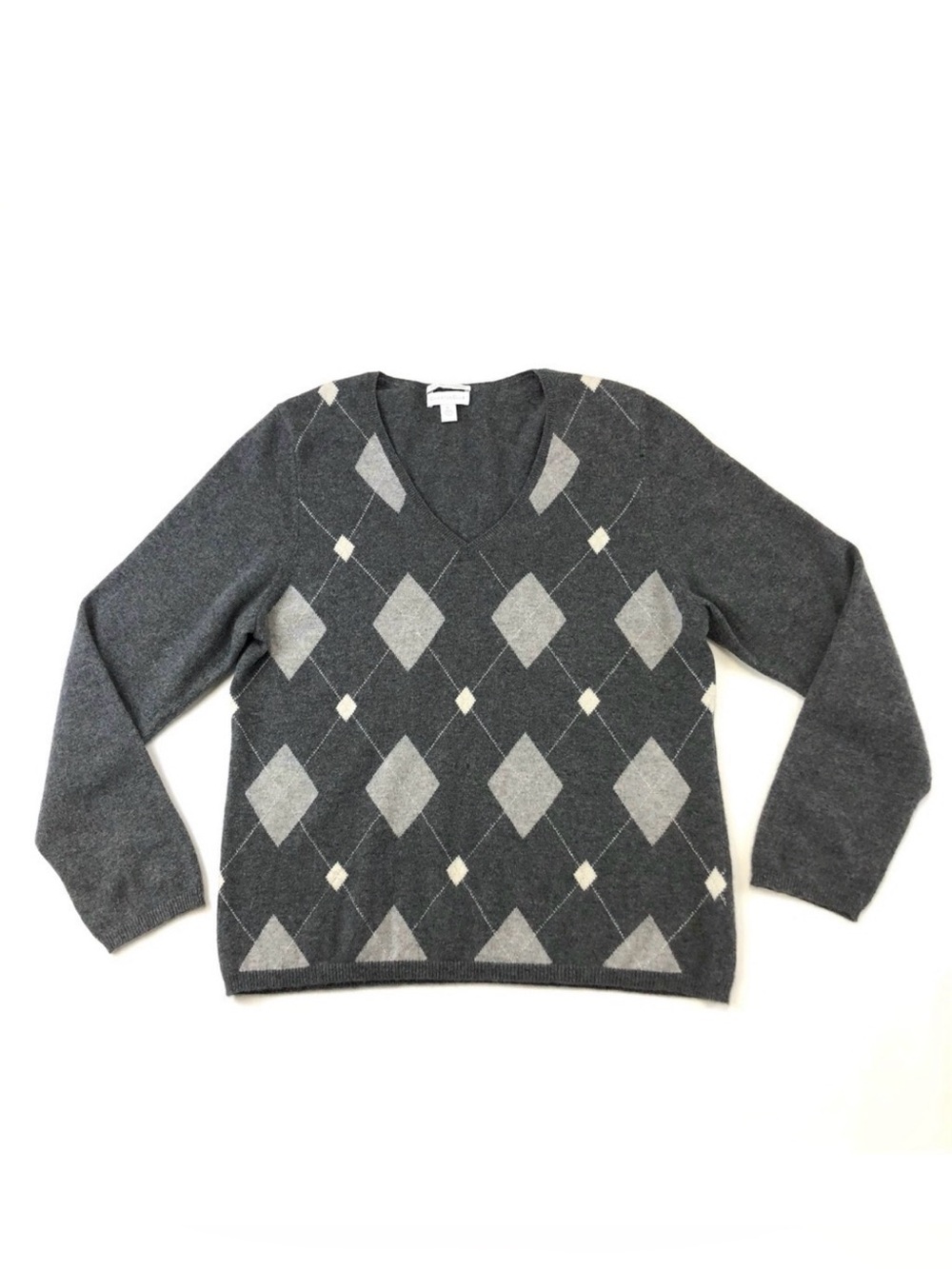 Charter Club charcoal grey argyle Vneck two-ply cashmere womens sweater Large